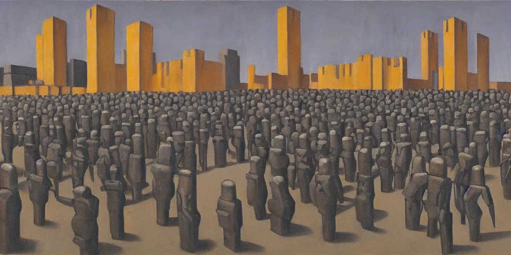 Image similar to formation of robots guarding a brutalist fortress, evil visages, dystopian, pj crook, edward hopper, oil on canvas