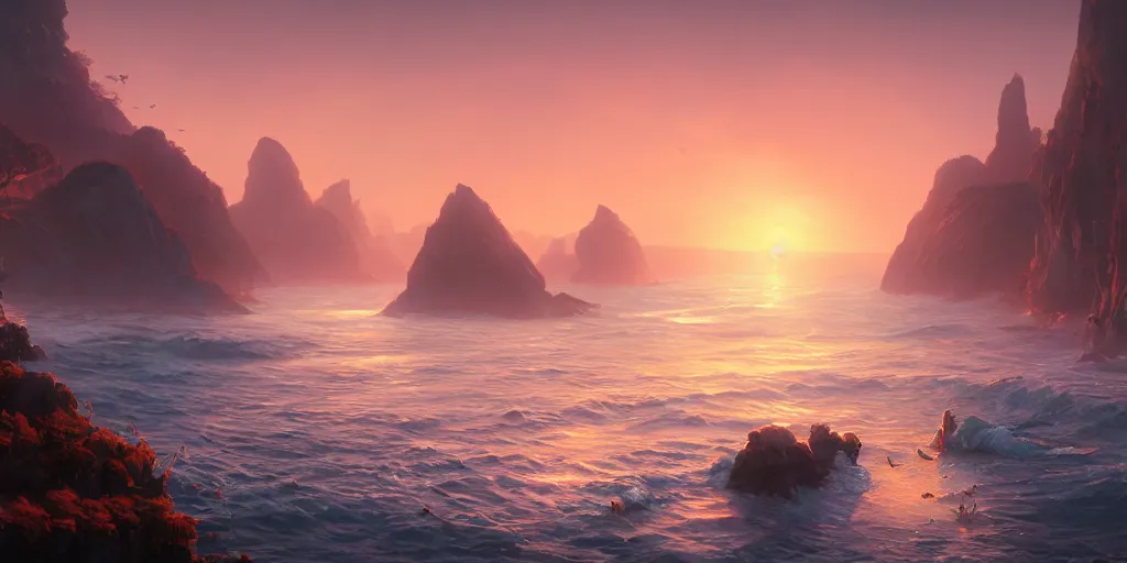Image similar to illustration of the shore on a beautiful morning, Pixar and Disney animation, sharp, Rendered in Unreal Engine 5, art by Greg Rutkowski, Bloom, dramatic lighting, sunrise