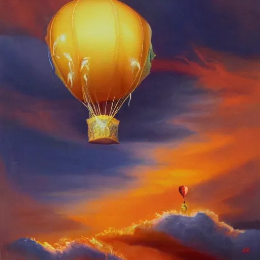 Image similar to oil painting of a hot air balloon bursting through a cloud with a dragon in the background