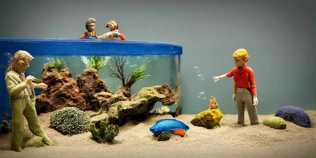 Prompt: fish tank in hospital waiting room. hands in tank. plasticine model of newt. figures clay. weird. surreal. tank with sand. strange. bubbles. tilt shift. tank. photorealistic.
