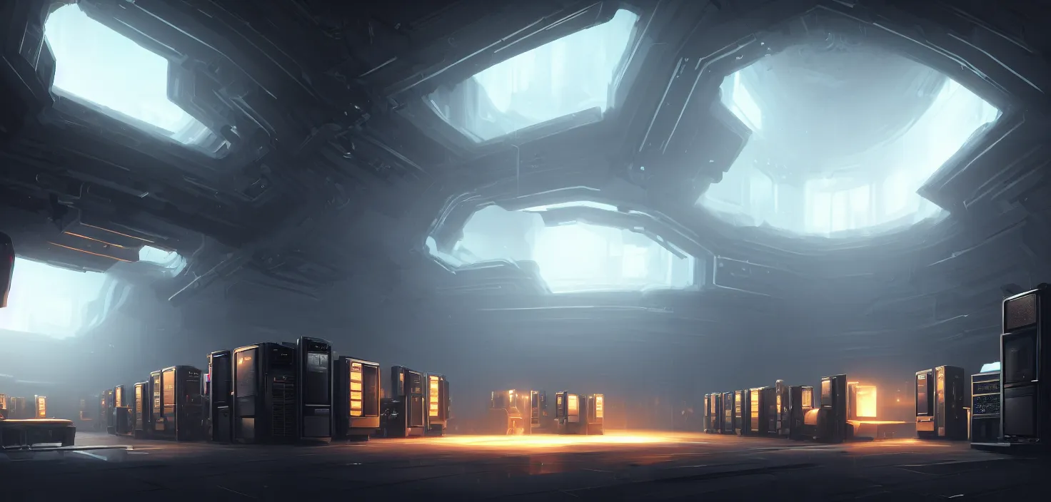 Image similar to computers, wired in, in a highly detailed server room with computers everywhere, cinematic view, epic sky, detailed, concept art, low angle, high detail, warm lighting, volumetric, godrays, vivid, beautiful, trending on artstation, by jordan grimmer, huge scene, art greg rutkowski