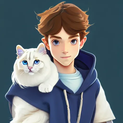 Prompt: teen boy with brown hair and big blue eyes, wearing a hoodie, holding a fluffy white persian cat, natural lighting, path traced, highly detailed, high quality, digital painting, by don bluth and ross tran and studio ghibli and alphonse mucha, artgerm, breath of the wild