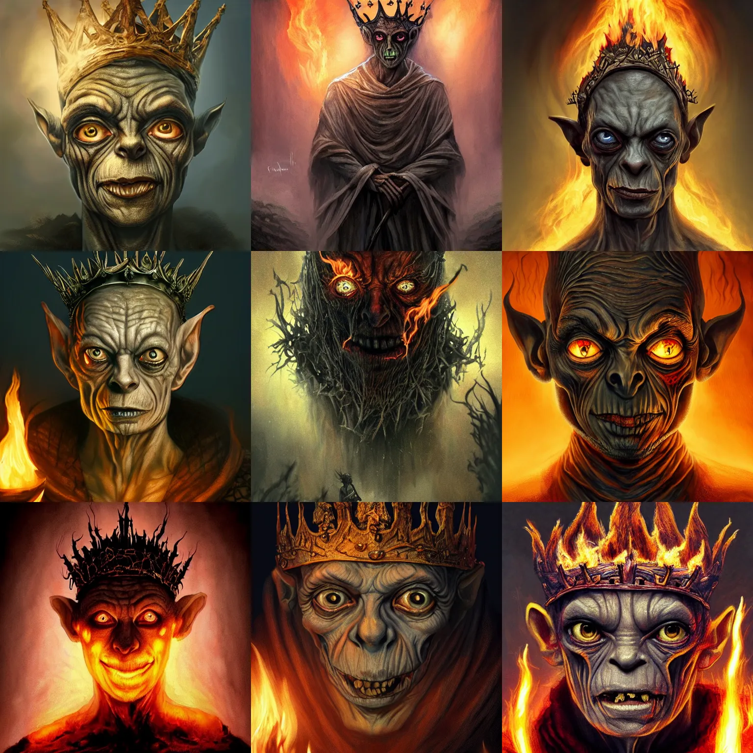 Prompt: centered portrait of the Gollum wearing a crown formed out of fire, in the style of Dark Souls, cape, skull mask, character concept, high fantasy, gothic, dark atmosphere, malice, medium shot, symmetrical face, golden ratio, cinematic lighting, hyperdetailed, high resolution, insanely detailed and intricate, artstation, Marc Simonetti, Greg Rutkowski, H R Giger, octane render, 8k