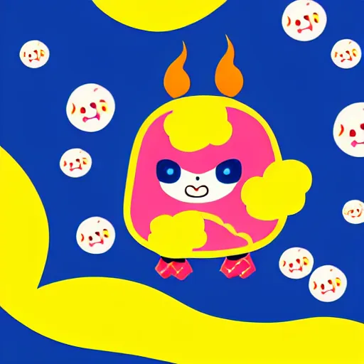 Image similar to kawaii wacky fluffy popcorn with lightning bolt power, yokai, in the style of a mamashiba, with a yellow beak, with a toroidal energy field, with a smiling face and flames for hair, sitting on a lotus flower, white background, simple, clean composition, symmetrical, suitable for use as a logo