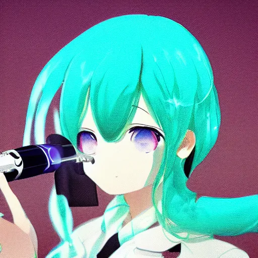 Image similar to hatsune miku smoking a vape pen, smoke coming out of her mouth, artstation, 4 k