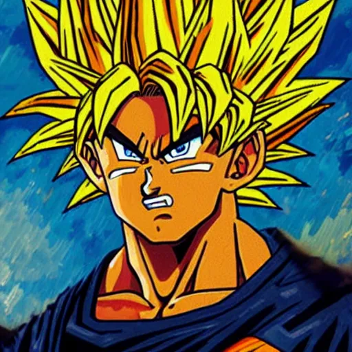 Image similar to super saiyan goku painted by vincent van gogh, oil - on - canvas, highly detailed, 8 k