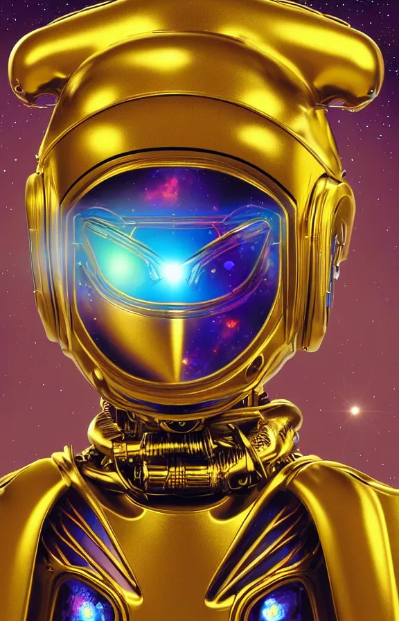 Prompt: portrait of a robot humanoid alien with golden armature, holographic face and medieval helmet. Galactic iridescent background in the style of Tim white and moebius