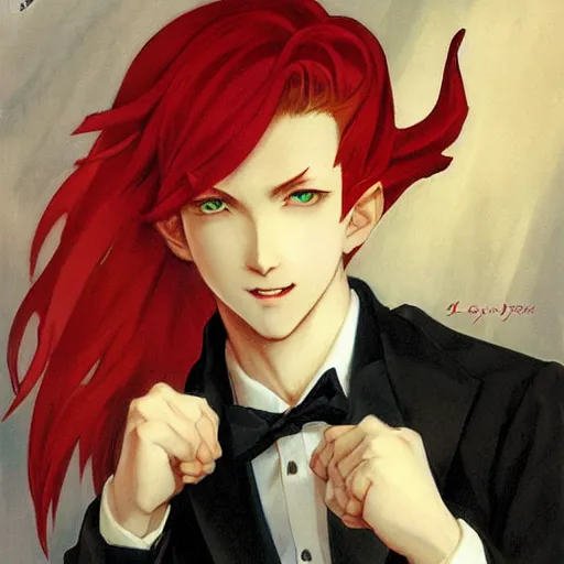 Image similar to a boy with red hair, red eyes, demon horns and a tail with a devious grin. By JC Leyendecker Phuoc Quan. Makoto shinkai