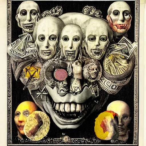 Image similar to post - punk new age album cover, asymmetrical design, dollar bank notes, capitalism, magic, apocalypse, psychedelic, black white pink, magic, giger h. r., giuseppe arcimboldo