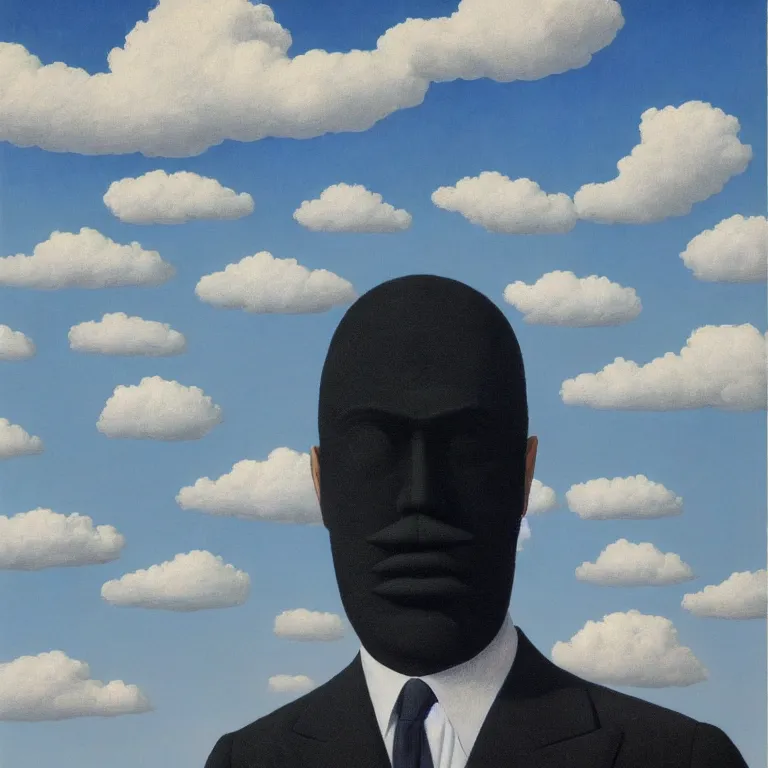 Image similar to portrait of a faceless shadow - head man in a suit, clouds in the background, by rene magritte, detailed painting, distance, middle centered, hd, hq, high resolution, high detail, 4 k, 8 k