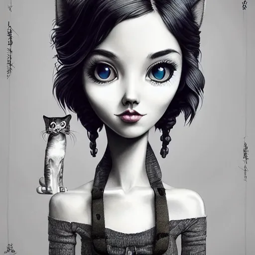 Image similar to Lofi portrait with a cat, Pixar style by Joe Fenton and Stanley Artgerm and Tom Bagshaw and Tim Burton