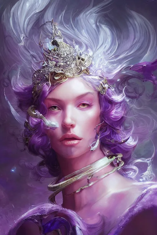 Image similar to beautifulmodel face covered with diamonds wearing crystals, diamonds, angel, fantasy, dramatic lighting, highly detailed, digital painting, magic the gathering, purple background storm, hyper detailed, 3 d render, hyper realistic detailed portrait, peter mohrbacher, wlop, ruan jia