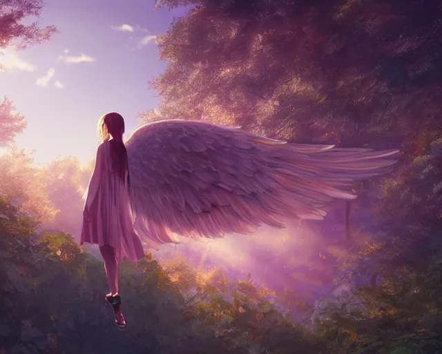 Prompt: a girl that has wings on her back hovering in a forest facing the camera, front facing, girl is the focus, angel girl with wings, sunlit, matte painting, digital illustration, very vibrant colors, soft lighting, adventurous, atmospheric lighting, 8K, octane render. By Makoto Shinkai, Stanley Artgerm Lau, WLOP, Rossdraws, James Jean, Andrei Riabovitchev, Marc Simonetti, krenz cushart, Sakimichan, D&D trending on ArtStation, digital art.