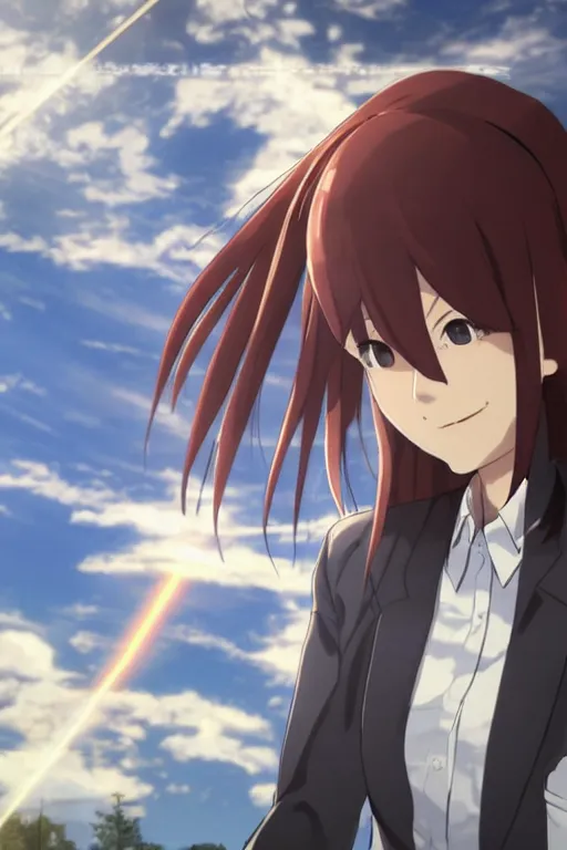 Prompt: Smiling Kurisu Makise by Akihiko Yoshida, Makoto Shinkai, with backdrop of god rays