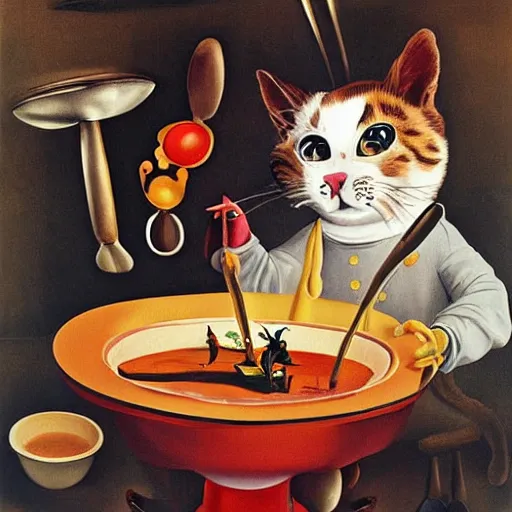 Image similar to anthropomorphic cat chef cooking a delicious colorful soup, by Salvador Dali