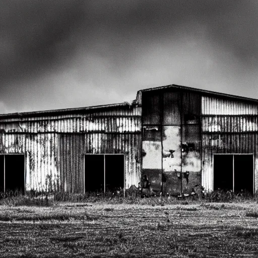 Image similar to black and white press photograph of a rusted abandoned business jet on an abandoned hangar, full view, detailed, natural light, mist, film grain, soft vignette, sigma 5 0 mm f / 1. 4 1 / 1 0 sec shutter, imax 7 0 mm footage