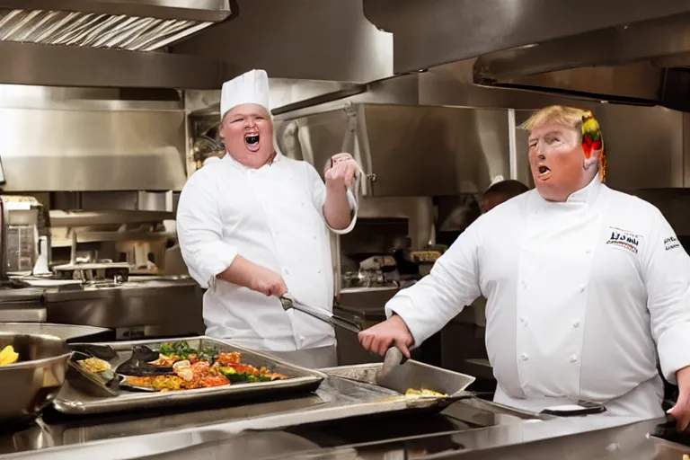 Image similar to high quality photo of fat Donald Trump working as a cook at a diner. He he is cooking on a griddle. He is yelling and making a mess. Food is going everywhere. Dimly lit