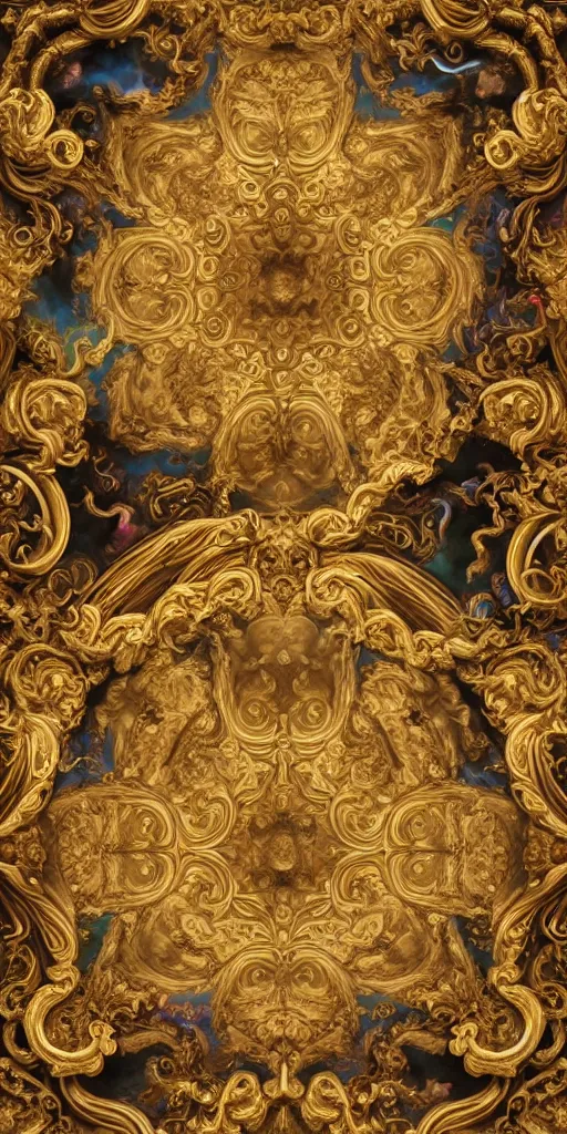 Image similar to the source of future growth dramatic, elaborate emotive Golden Baroque and Rococo styles to emphasise beauty as a transcendental, seamless pattern, symmetrical, large motifs, sistine chapel ceiling, 8k image, supersharp, spirals and swirls, smoke and inkbursts, rainbow ink dropping in water, Gold black and rainbow colors, perfect symmetry, 3D, no blur, sharp focus, photorealistic, insanely detailed and intricate, cinematic lighting, Octane render, epic scene, 8K