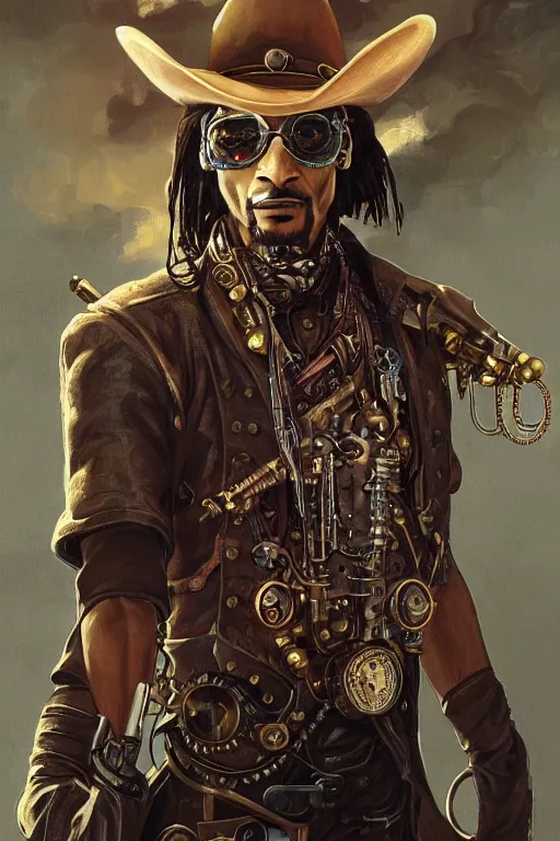 Image similar to cowboy snoop dog as a steampunk cyborg gunslinger, portrait, cyber western, duster, fantasy, intricate, elegant, highly detailed, digital painting, artstation, concept art, sharp focus, illustration, art by artgerm and greg rutkowski and alphonse mucha