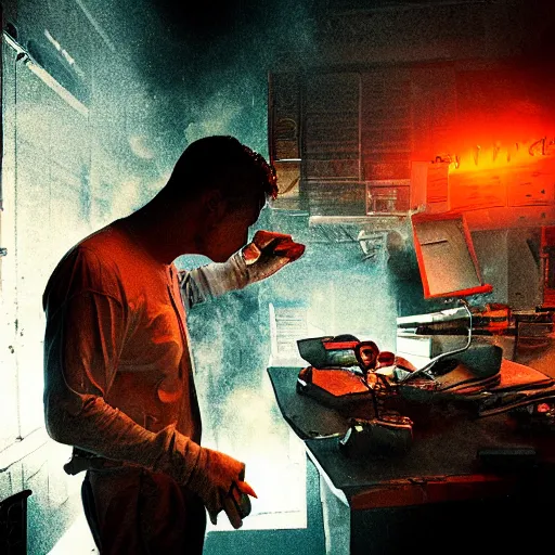 Image similar to augmented human repairing old imac, dark messy smoke - filled cluttered workshop, dark, dramatic lighting, orange tint, cinematic, highly detailed, sci - fi, futuristic, movie still from blade runner