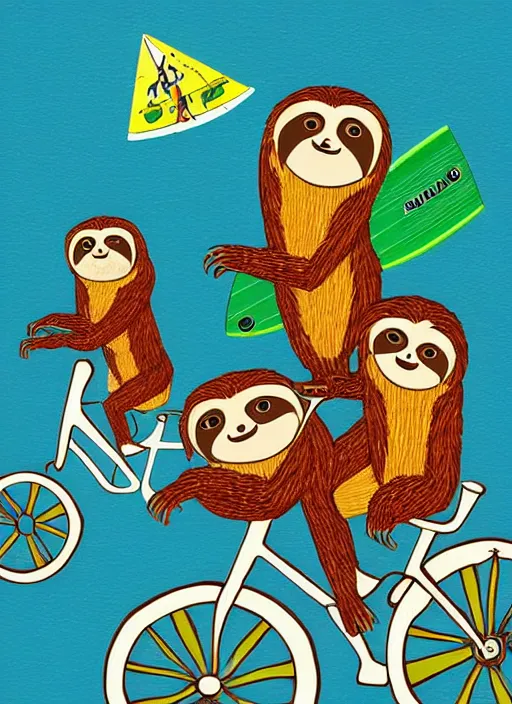 Prompt: a couple of sloths riding a bike with a surfboard, by tim biskup, tom bonson folk art, whimsical, storybook illustration