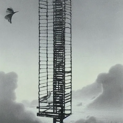 Prompt: a metal ladder descending from the sky, a bird starts to climb up it, by Zdzisław Beksiński