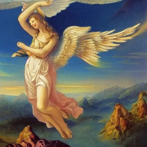 Prompt: the painting shows an angel riding a bird, in the sky over a vast realm, fantasy, epic, epic scale