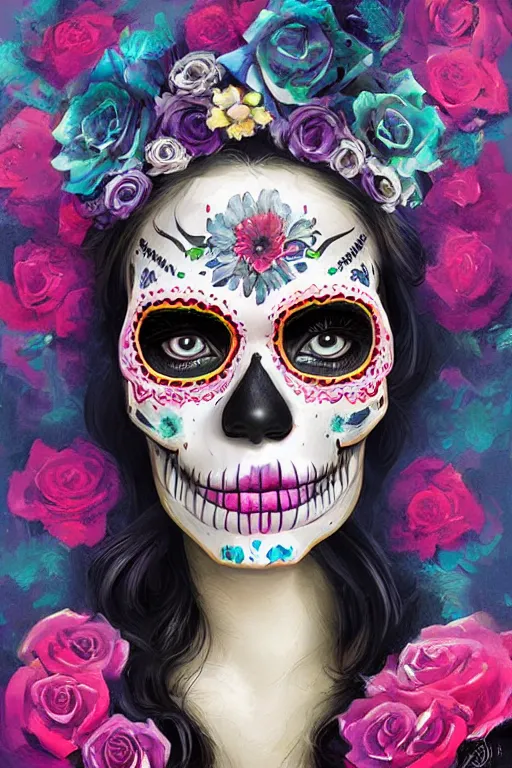 Prompt: illustration of a sugar skull day of the dead girl, art by jessica rossier