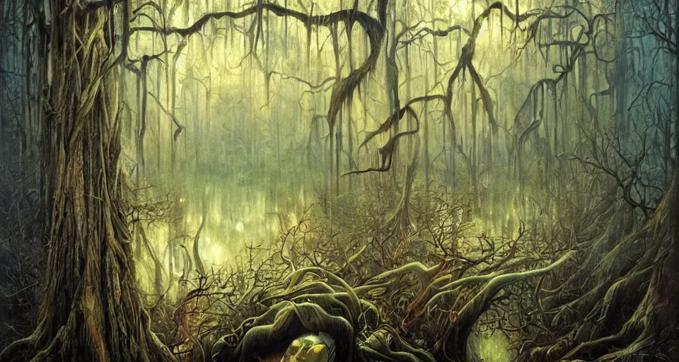 Image similar to A dense and dark enchanted forest with a swamp, by Karol Bak