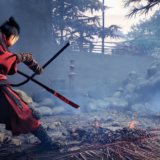 Prompt: japanese ninja boss inspired from sekiro shadows die twice near a camp fire, evening time, digital illustration, crisp details, highly detailed art, 8k image quality, intense atmosphere, full body camera shot