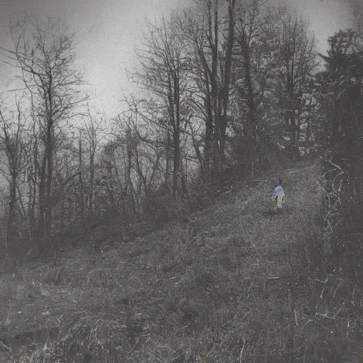 Image similar to old photo of a creepy landscape, creepy figure in the distance