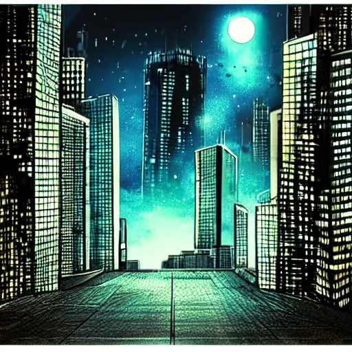 Prompt: atmospheric night scene, city lights, skyscrapers in distance, anime, high quality, high definition