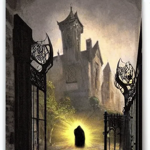 Image similar to cloaked detective walking into open wrought iron gates of a mental asylum, a menacing tower looms over the courtyard, and an evening sun bathes the cobblestone in a warm glow by Francis Bacon, fantasy, victorian theme