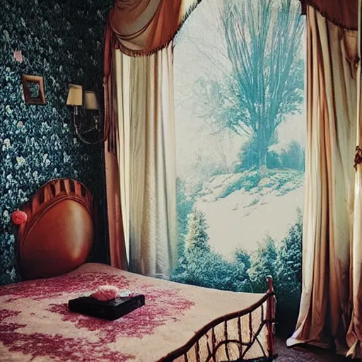 Image similar to a cozy bedroom transforming into a magical dream world, castle details, magic atmosphere, photographed by Petra Collins