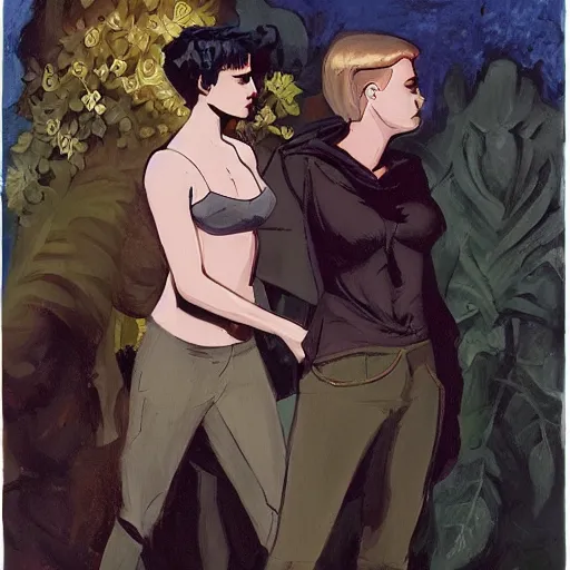 Image similar to short-haired heroic stoic handsome blonde butch tomboy woman engineer standing beside dark fae feathered Jennifer Connelly in garden, in love, Mike Mignola, trending on art station, oil painting