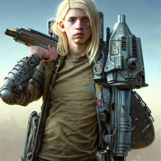 Prompt: portrait painting of a post - apocalyptic blonde teenager with blue eyes and patchy hair wearing light scrap armor with an old gun on his back, ultra realistic, concept art, intricate details, eerie, highly detailed, photorealistic, octane render, 8 k, unreal engine. art by artgerm and greg rutkowski and charlie bowater and magali villeneuve and alphonse mucha