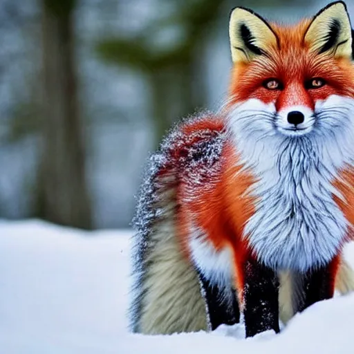 Prompt: very fluffy fox, forest, snowy, photo