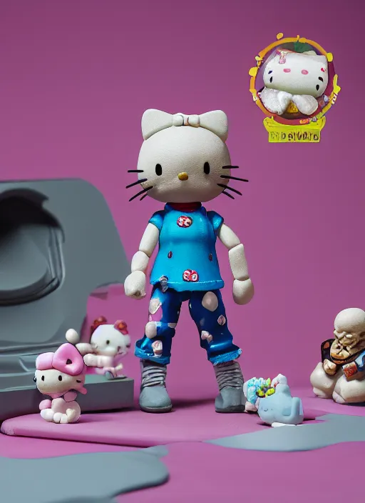 Image similar to product photography of a claymation action figure joe rogan hello kitty, depth of field, zeiss lens, detailed, centered, by erwin olaf, joop geesink, wes anderson, breathtaking, 8 k resolution, extremely detailed, beautiful, establishing shot, realistic materials, hyperrealistic