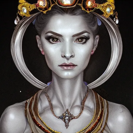 Image similar to portrait of a grey alien aristocrat wearing jewelry, a tiara, diamonds, confident, pretty, intricate, headshot, highly detailed, digital painting, artstation, concept art, sharp focus, cinematic lighting, illustration, art by artgerm and greg rutkowski, alphonse mucha, cgsociety