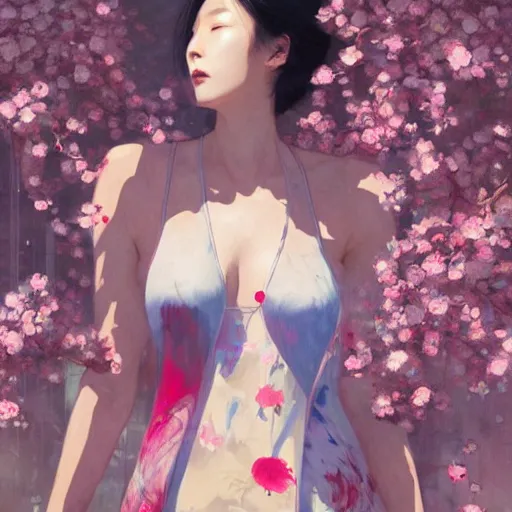 Prompt: lee jin - eun in tempting luxurious space slim suit drinking wine emerging from pink water in cyberpunk theme by greg rutkowski, claude monet, conrad roset, takato yomamoto, james jean, rule of thirds, seductive look, beautiful, sakura flowers,, refined, masterpiece