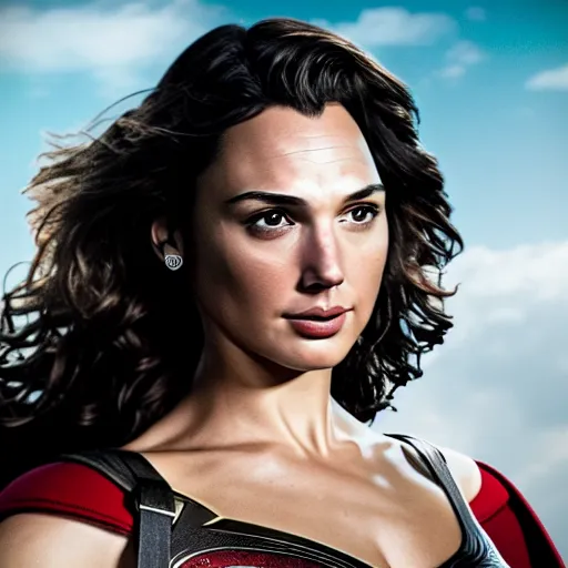 Image similar to an potrait of gal gadot play Man of Steel replacing Henry Cavill, photorealistic, high detail, photo studio, testing custom, 4k