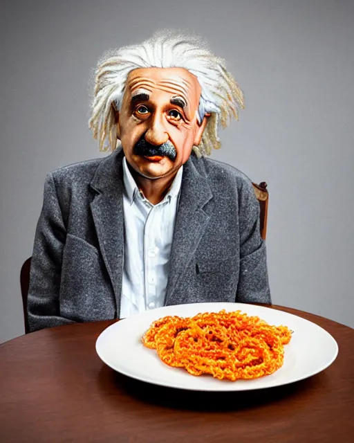 Prompt: a portrait of albert einstein sitting at the dining table with a plate containing jalebi in front of him, highly detailed, trending on artstation, bokeh, 9 0 mm, f / 1. 4