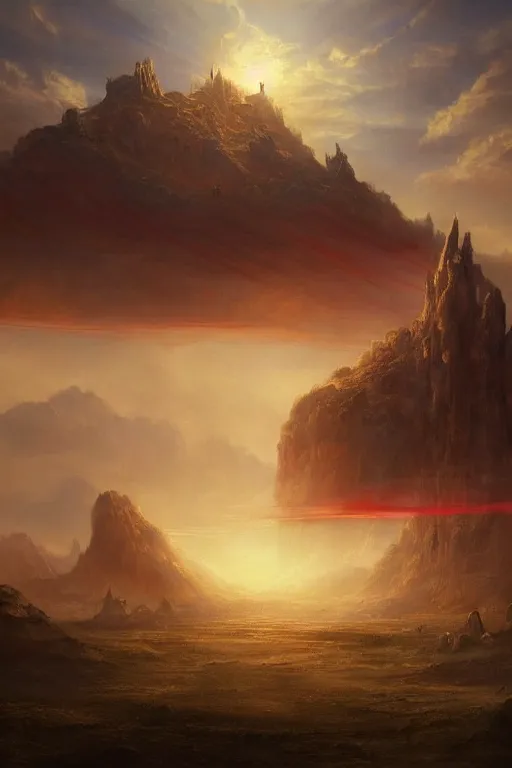Prompt: breathtaking detailed soft painting of a dozens of flying swords of light, in golden clouds above a desert castle, strokes of mist and scarlet ribbons, german romanticism style, volumetric lighting, concept art, matte, sharp focus, art by celestialfang, matchach, juanmao, dustin panzino, trending on artstation