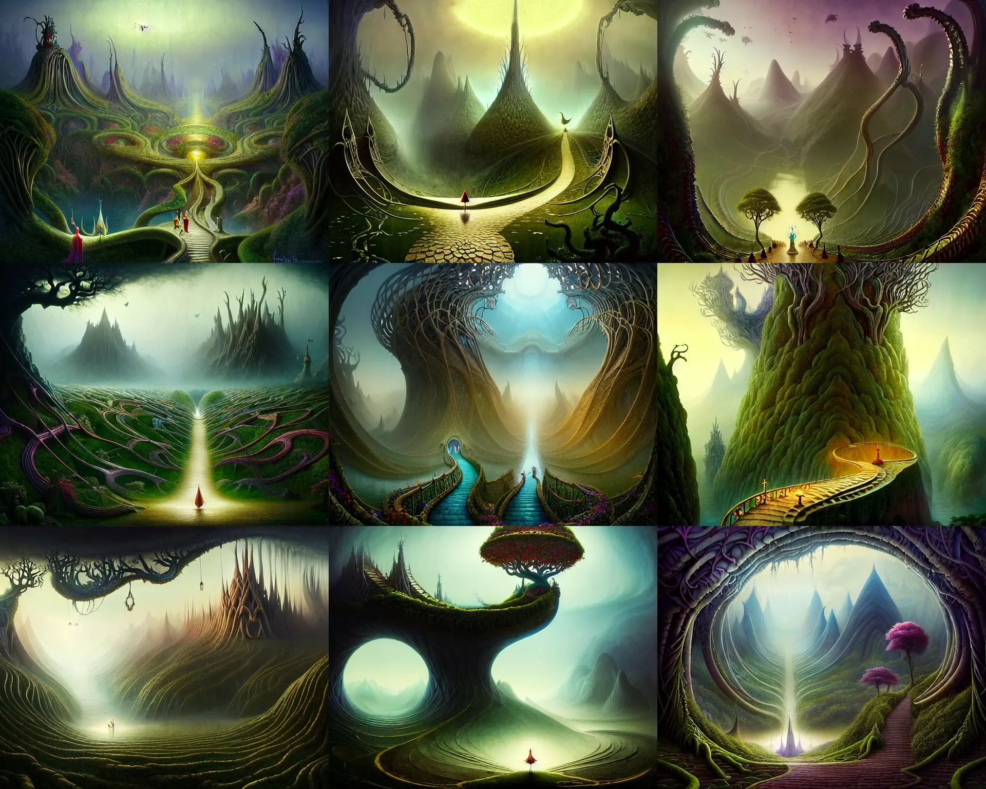 Prompt: a beguiling epic stunning beautiful and insanely detailed matte painting of the impossible winding path through the dark elven kingdom with surreal architecture designed by Heironymous Bosch, mega structures inspired by Heironymous Bosch's Garden of Earthly Delights, vast surreal landscape and horizon by Asher Durand and Cyril Rolando and Natalie Shau, masterpiece!!!, grand!, imaginative!!!, whimsical!!, epic scale, intricate details, sense of awe, elite, wonder, insanely complex, masterful composition!!!, sharp focus, fantasy realism, dramatic lighting