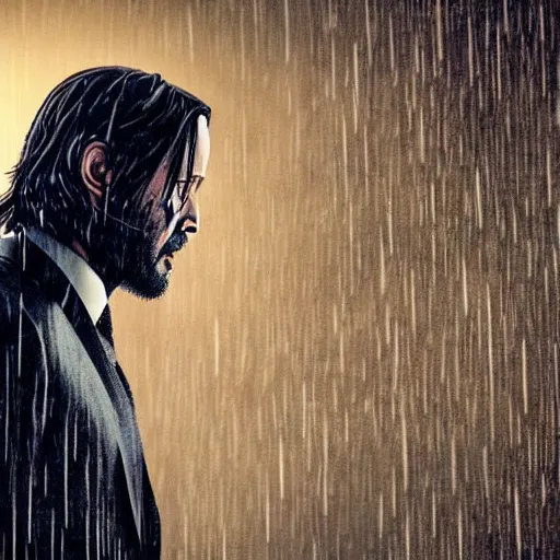 Image similar to john wick playing a guitar in the rain, photorealistic, realistic, dramatic, cinematic, photography