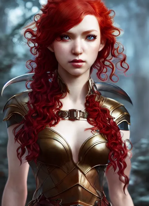 Image similar to leather armor!!! beautiful and elegant curly red hair female elf!! gorgeous ayes!! character concept art, sharp focus, octane render! unreal engine 5! highly rendered!! trending on artstation!! detailed linework!! illustration by artgerm, wlop, and chie yoshii