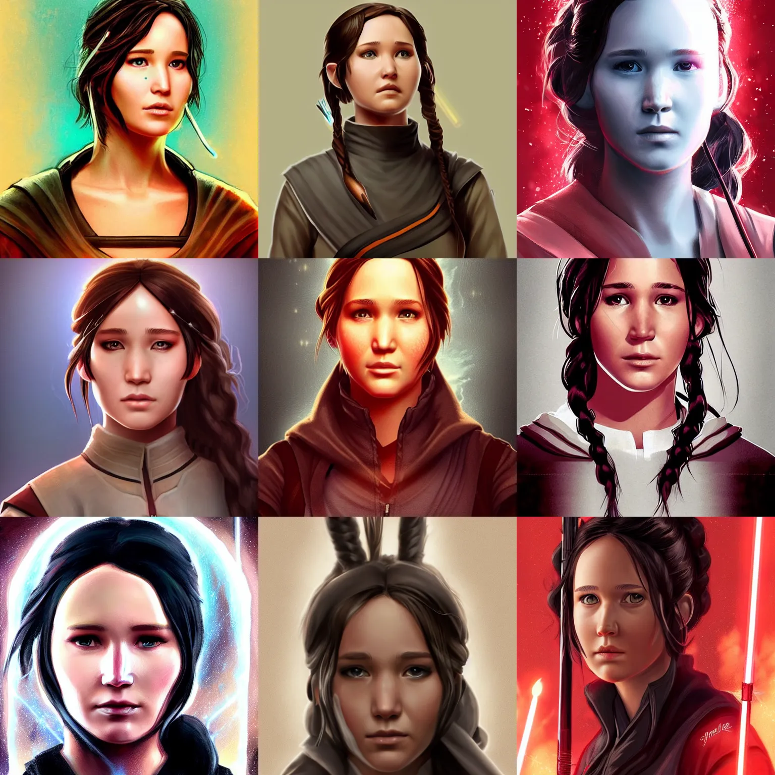 Prompt: ( ( ( ( ( katniss everdeen ) ) ) ) ) wearing jedi - robes!!!!!!!!!!, digital portrait, artstation, 4 k / 8 k