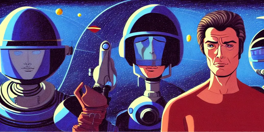 Image similar to traditional drawn colorful animation a symmetrical portrait of lonely single Alain Delon Stallone Clint Eastwood alone pilot in posing in spaceship station planet captain bridge outer worlds robots extraterrestrial hyper contrast well drawn in Jean Henri Gaston Giraud animation film The Masters of Time FANTASTIC PLANET La planète sauvage animation by René Laloux