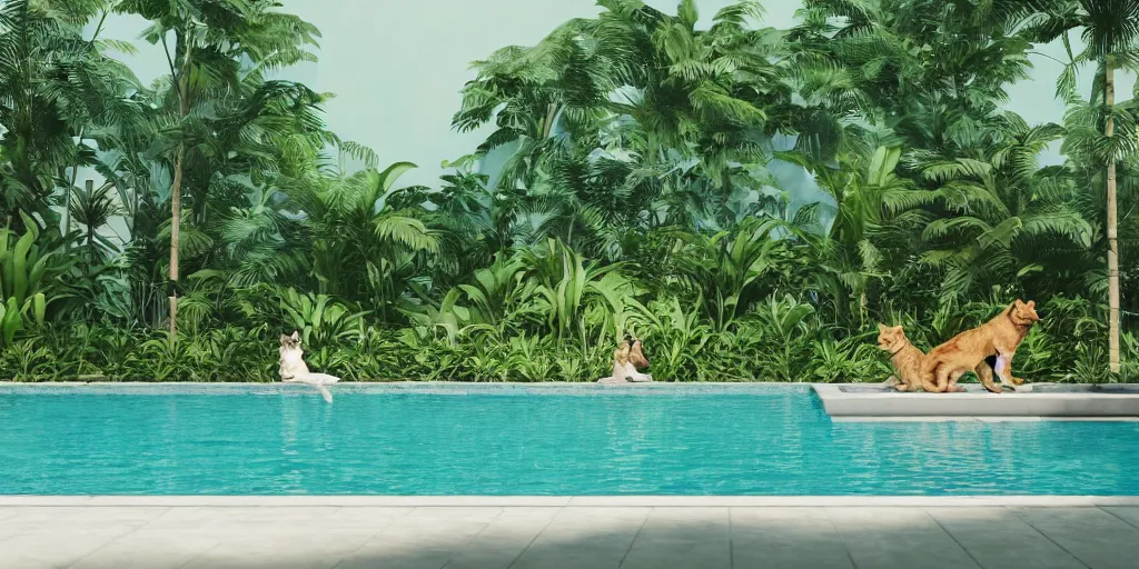 Image similar to swimming pool in the middle of the jungle a cat and a dog playing around , beach chair , octane render