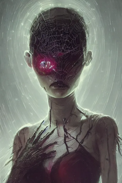 Image similar to A fancy portrait of a half women half spider creature by Greg Rutkowski, beeple, Sung Choi, Mitchell Mohrhauser, Maciej Kuciara, Johnson Ting, Maxim Verehin, Peter Konig, Bloodborne, 8k photorealistic, cinematic lighting, HD, high details, dramatic, dark atmosphere, trending on artstation